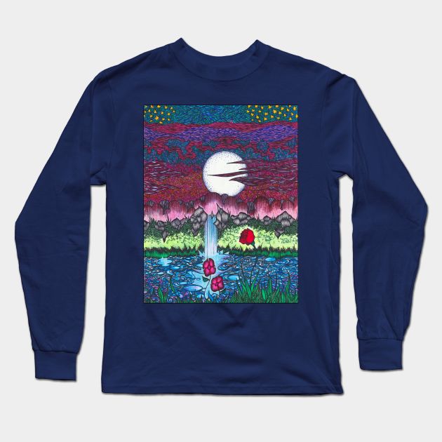 Moonlit Waterfall Long Sleeve T-Shirt by Christopher's Doodles